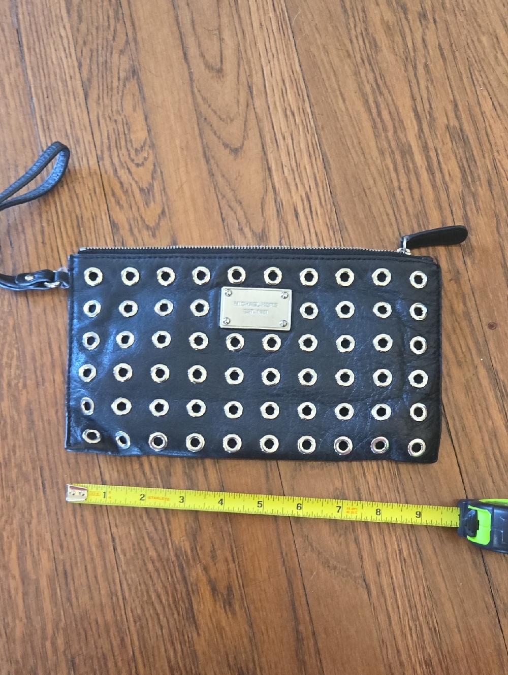 Michael Kors Black Leather Grommet Clutch Wristlet with Gold Hardware